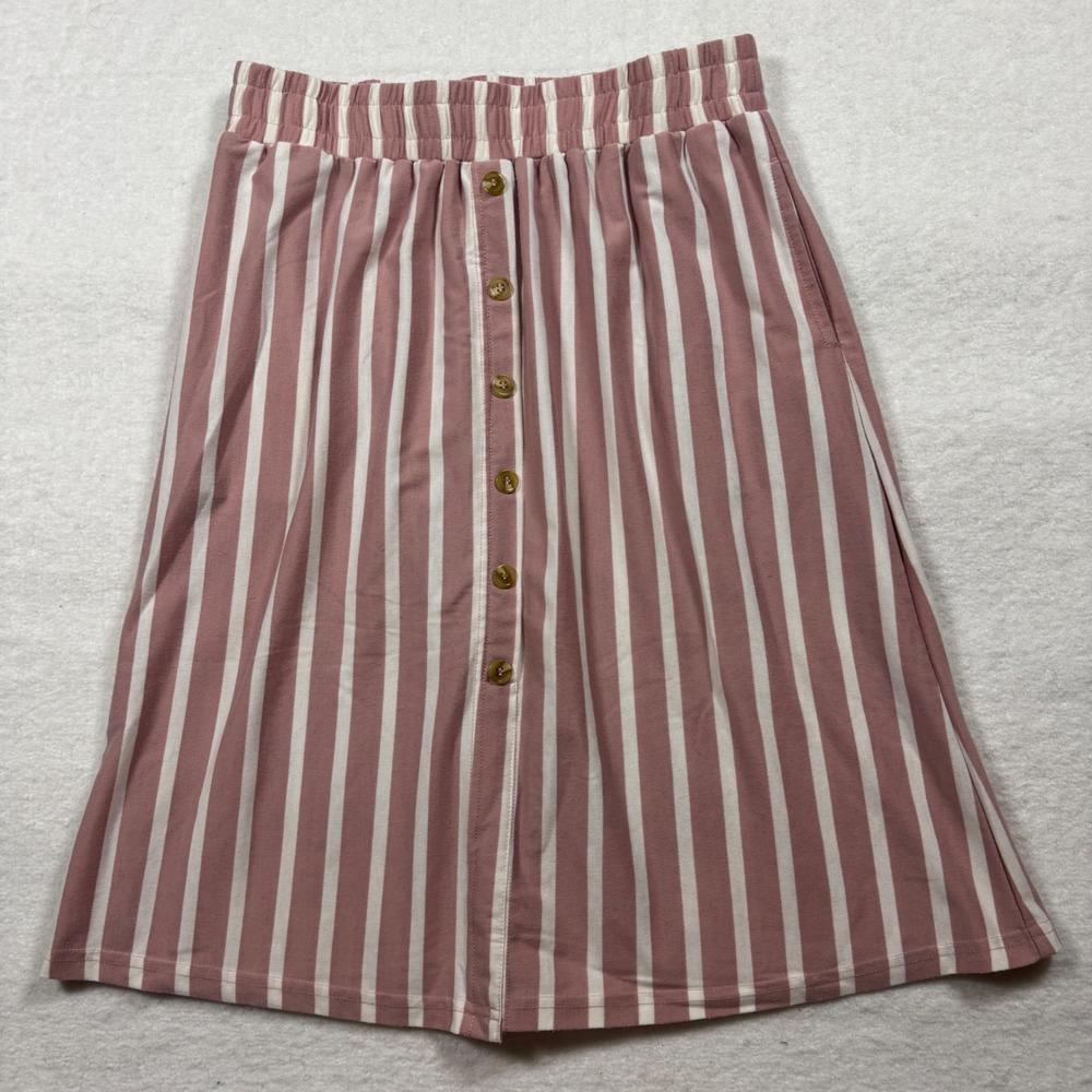 Tickled Teal Pink White Striped Button Front Midi Skirt with‎ Pockets Medium